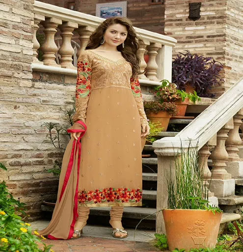Hi-Fashion Beige Embroidered Semi Stitched Straight Suit