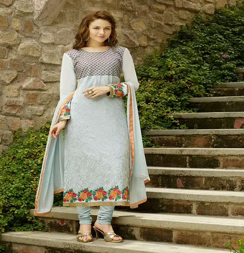 Hi-Fashion Grey Embroidered Semi Stitched Straight Suit