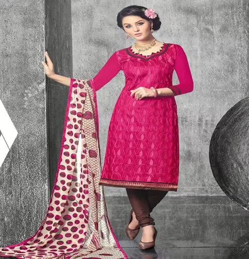 Hi-Fashion Pink & Brown With Cream Dupatta Embroidered Churidar Suit