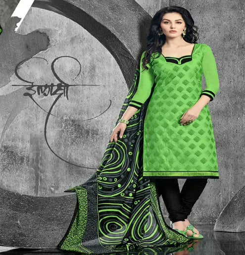 Hi-Fashion Green & Black  Embroidered Churidar Suit