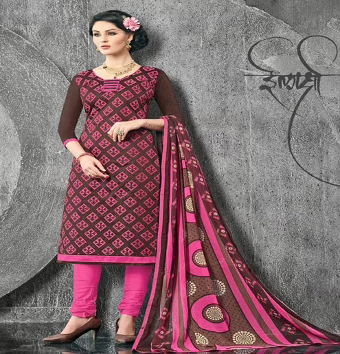 Hi-Fashion Brown & Pink  Embroidered Churidar Suit