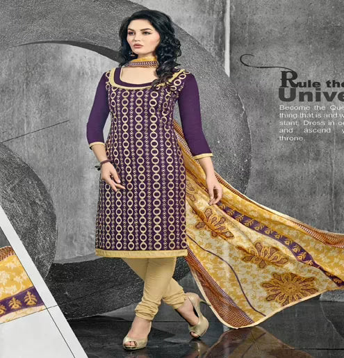 Hi-Fashion Violet & Cream  Embroidered Churidar Suit