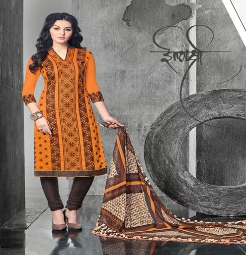 Hi-Fashion Orange & Brown Embroidered Churidar Suit