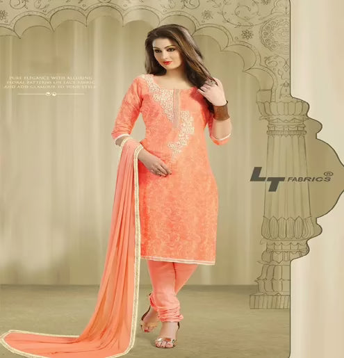 Hi-Fashion Peach Embroidered Chanderi Straight Suit