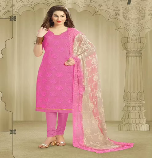 Hi-Fashion Pink Embroidered Chanderi Straight Suit