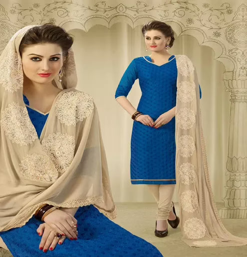 Hi-Fashion Blue & Beige Embroidered Chanderi Straight Suit
