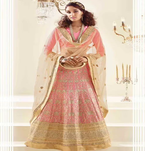 Hi-Fashion Embroidered Pink  With Cream Lehenga Choli