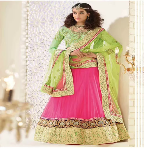 Hi-Fashion Embroidered Pink With Green Lehenga Choli