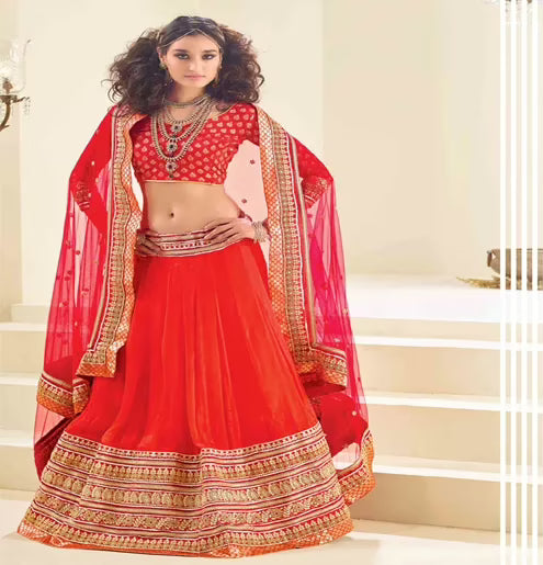 Hi-Fashion Embroidered  Red Lehenga Choli