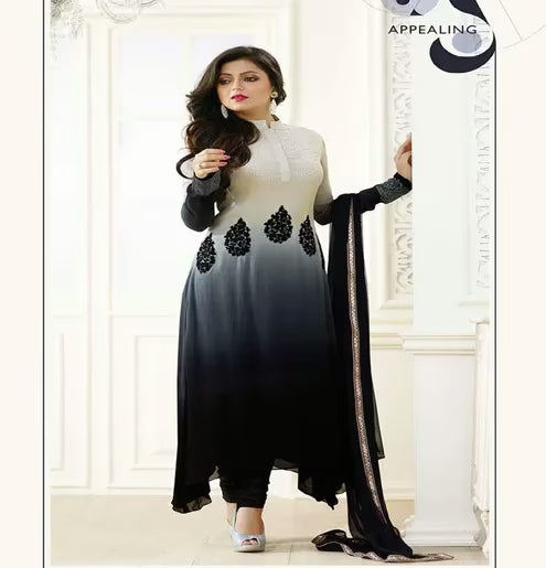 Hi-Fashion Semi-Stitched Grey With Black Designer Embroidered Suit