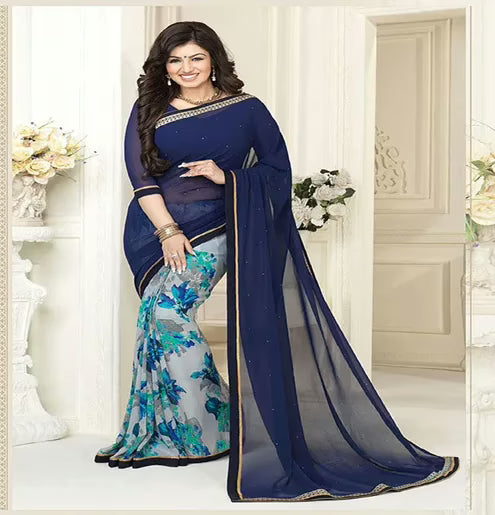 Hi-Fashion Navy Printed Georgette Traditional Saree