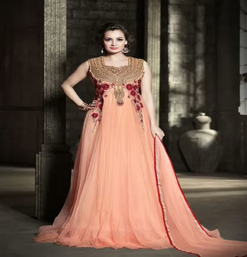 Hi-Fashion Peach Embroidered Designer Gown