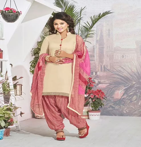 Hi-Fashion Cotton Beige Unstitch Patiala Suit