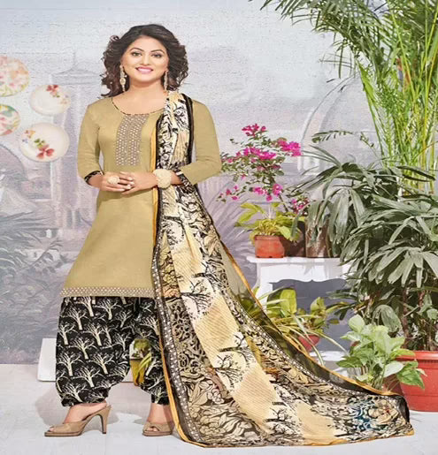 Hi-Fashion Cotton Beige Unstitch Patiala Suit