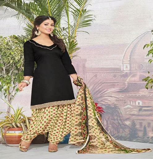 Hi-Fashion Cotton Black Unstitch Patiala Suit