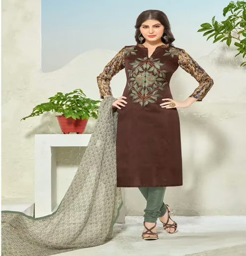 Hi-Fashion Brown Embroidered Unstitched Straight Suit