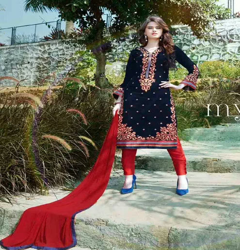 Hi-Fashion Unstitched Black With Red Embroidered Trendy Suit