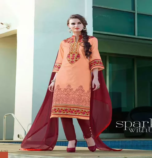 Hi-Fashion Unstitched Orange With Red Embroidered Trendy Suit