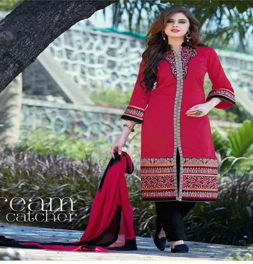 Hi-Fashion Unstitched Pink With Black Embroidered Trendy Suit