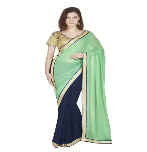 Hi-Fashion Sea Green Georgette,Net Border Lace Work Work Saree