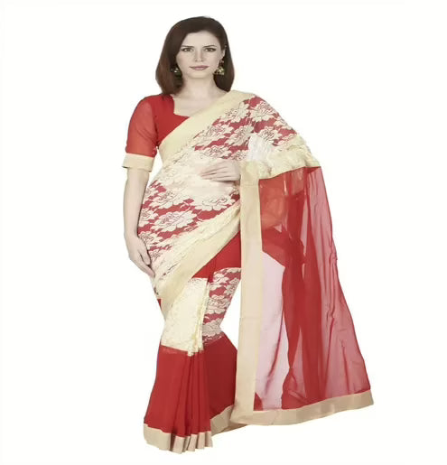 Hi-Fashion Red Chiffon Net Border Lace  Work Saree