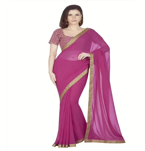 Hi-Fashion Pink Georgette Border Lace  Work Saree