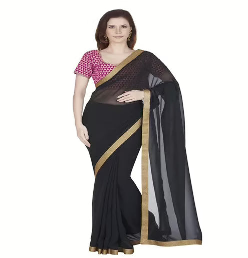 Hi-Fashion Black Georgette Border Lace  Work Saree