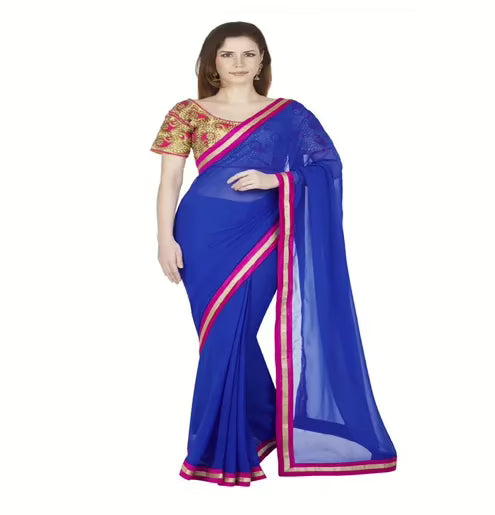 Hi-Fashion Blue Georgette Border Lace  Work Saree