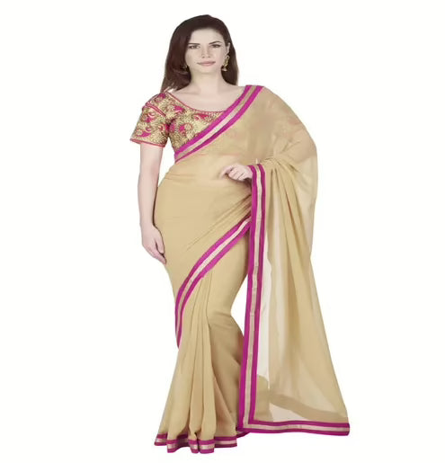 Hi-Fashion Beige Georgette Border Lace  Work Saree