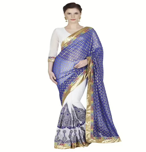 Hi-Fashion Blue Georgette Chiffon Embroidered  Work Saree