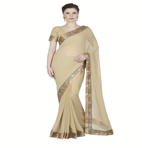 Hi-Fashion Beige Chiffon Embroidered  Work Saree