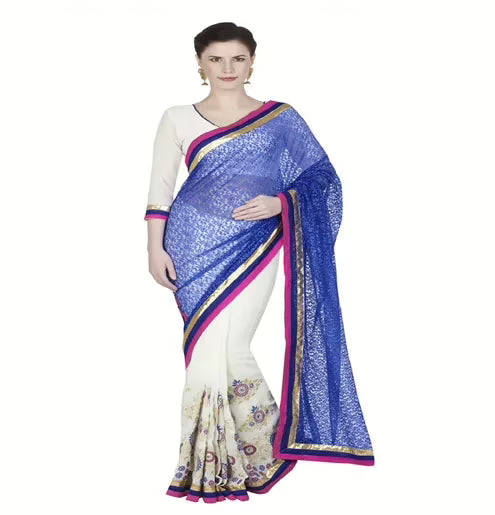Hi-Fashion White Chiffon Brasso Embroidered  Work Saree