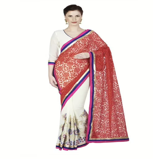 Hi-Fashion White Chiffon Brasso Embroidered  Work Saree
