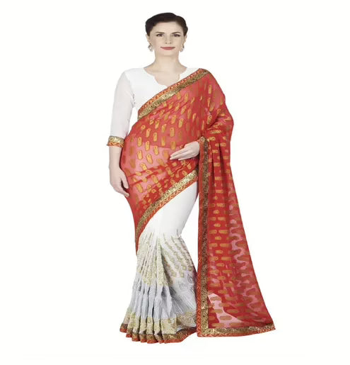 Hi-Fashion White Georgette,Chiffon Embroidered  Work Saree