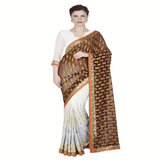 Hi-Fashion White Georgette,Chiffon Embroidered  Work Saree