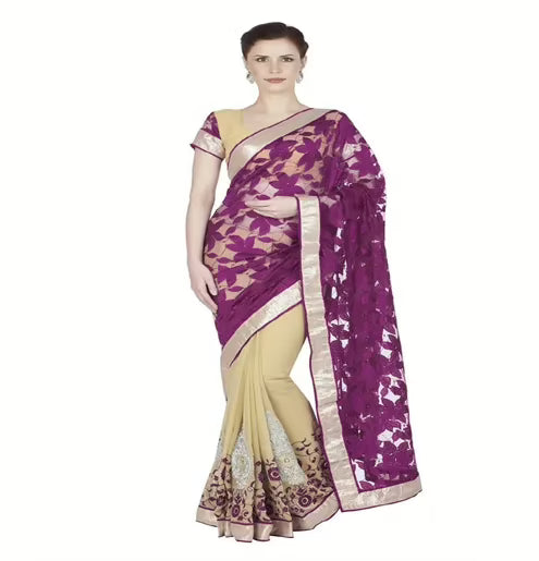 Hi-Fashion Violet Chiffon,Net Embroidered  Work Saree