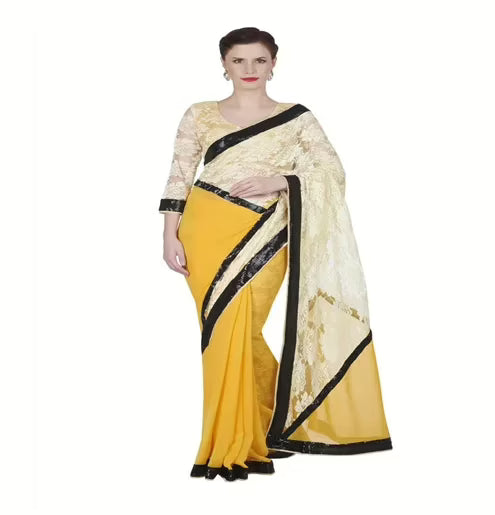 Hi-Fashion Yellow Chiffon Net  Border Lace Work Saree
