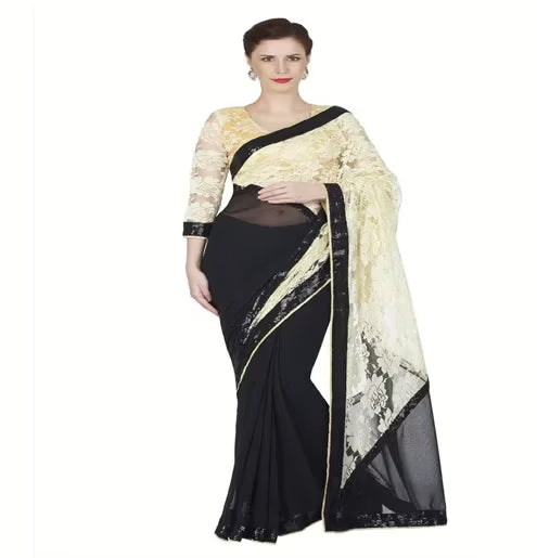 Hi-Fashion Black Chiffon Net  Border Lace Work Saree
