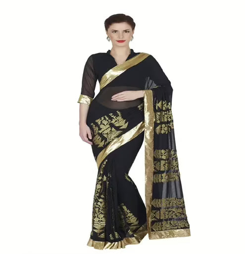 Hi-Fashion Black Georgette Embroidered  Work Saree