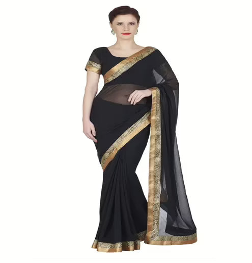 Hi-Fashion Black Chiffon Border Lace  Work Saree