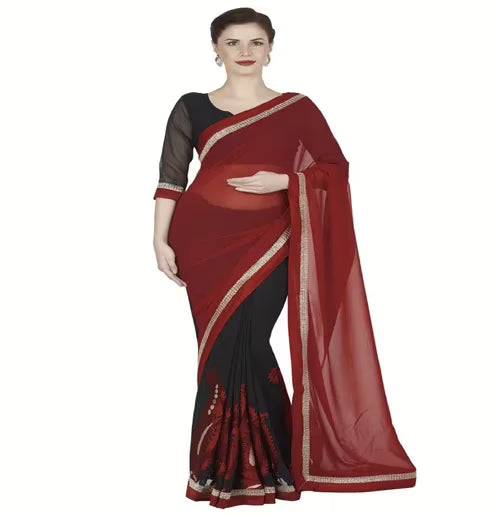 Hi-Fashion Black Georgrtte Embroidered Work Saree