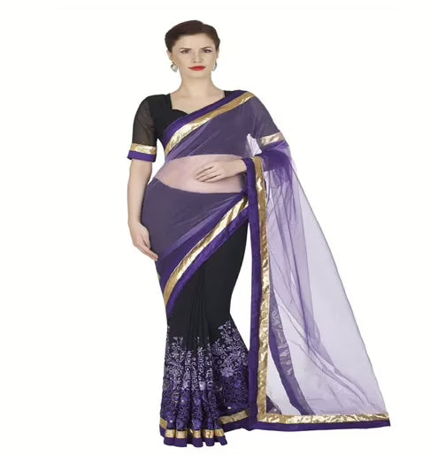 Hi-Fashion Black Chiffon Net Embroidered  Work Saree