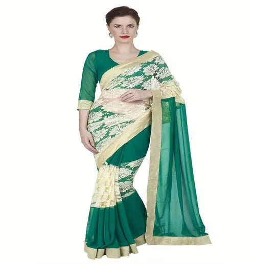 Hi-Fashion Green Chiffon Net Border Lace Work Work Saree
