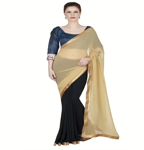 Hi-Fashion Black Georgette Border Lace Work Work Saree
