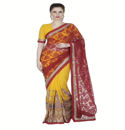 Hi-Fashion Yellow Chiffon Brasso Embroidered  Work Saree