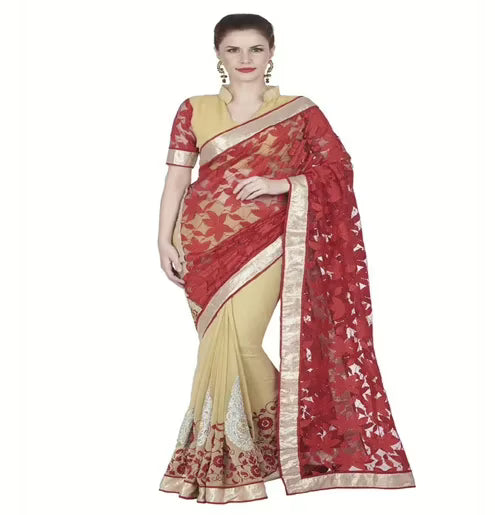 Hi-Fashion Cram Chiffon Brasso Embroidered  Work Saree