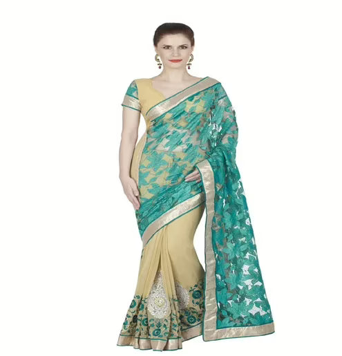 Hi-Fashion Cream Chiffon Net Embroidered  Work Saree