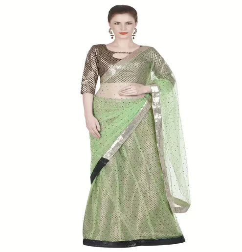 Hi-Fashion Sea Green Jacquard Net Border Lace  Work Saree