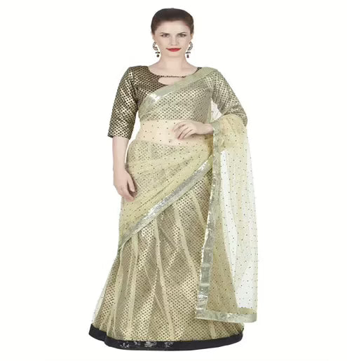 Hi-Fashion Cream Jacquard Net Border Lace  Work Saree