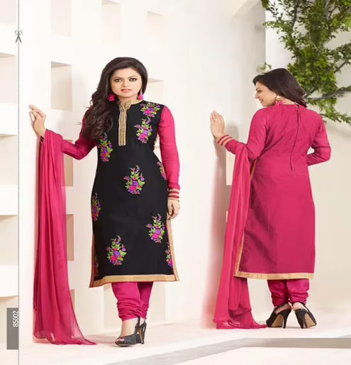 Hi-Fashion Embroidered Black With Pink Designer Straight Suit